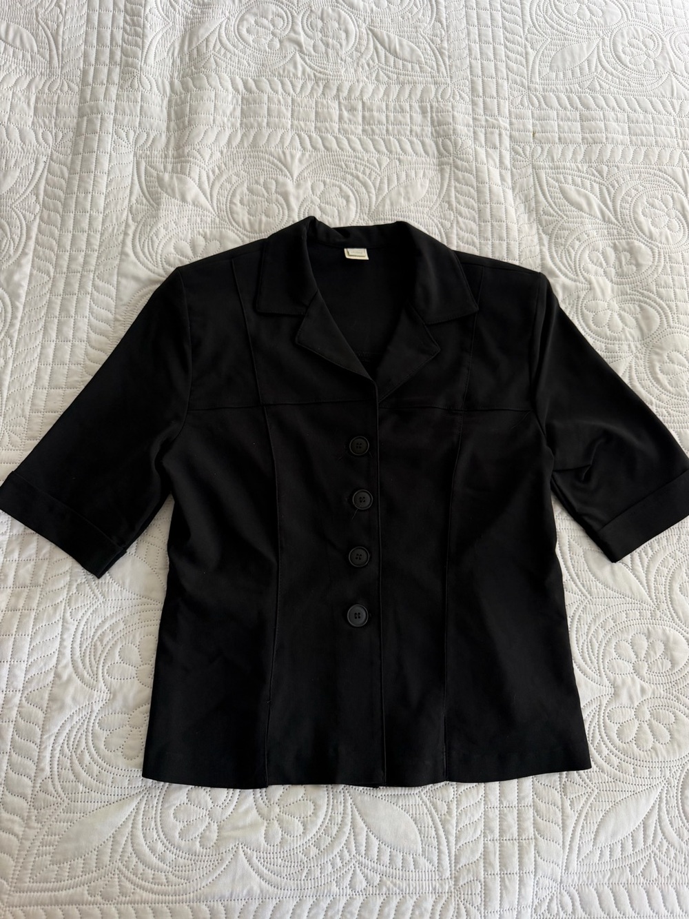 Vintage Black Short-Sleeve Button Front Blouse Blazer Formal Business Casual Lg